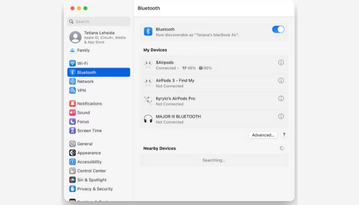 Screenshot of Bluetooth Sharing on Mac 